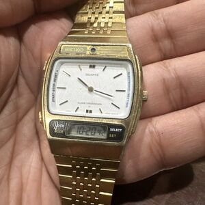 Working Vtg Seiko Quartz Analog/digital H259-5009 Gold Tone 33mm Mens Watch Rare